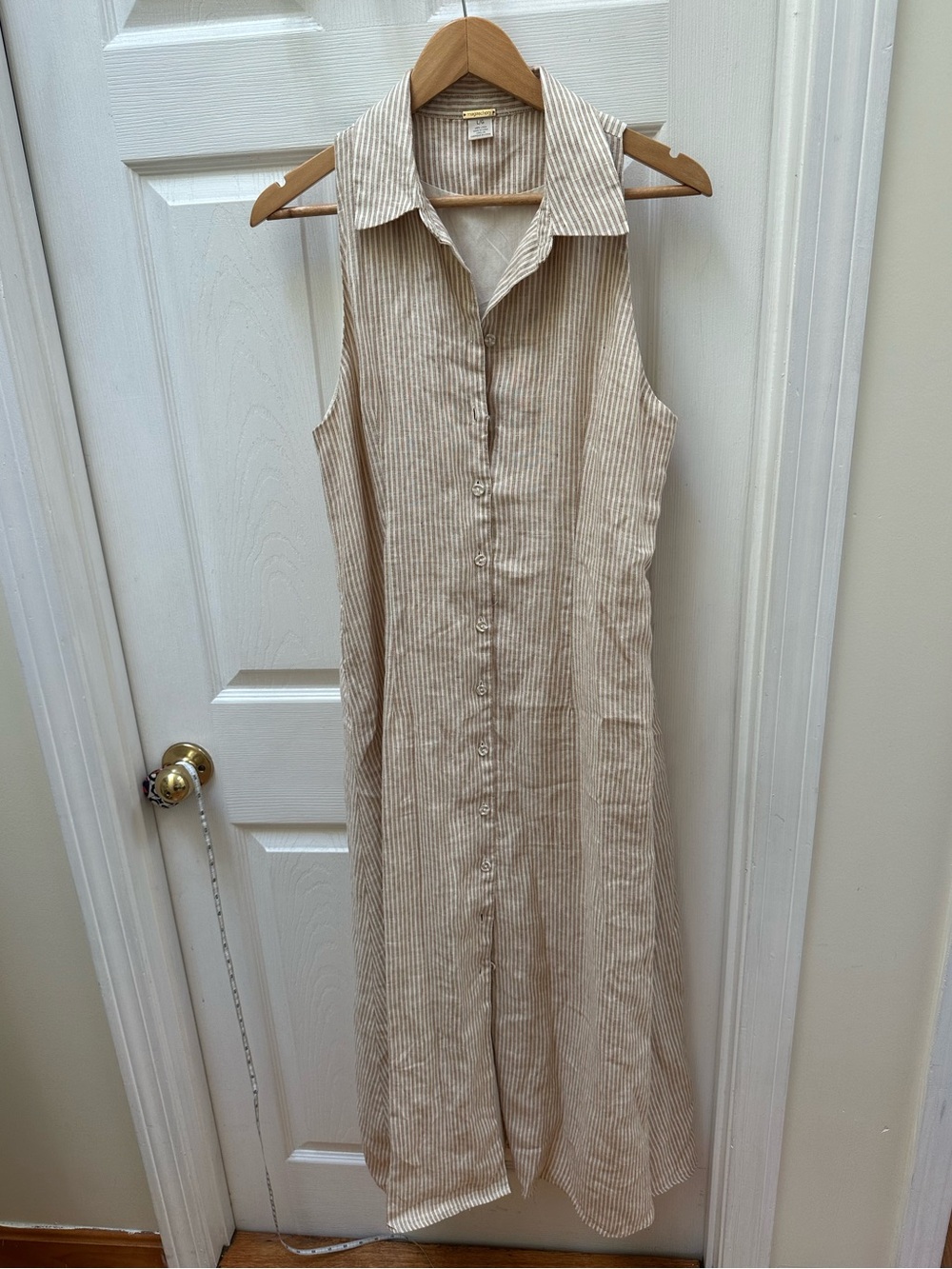 Magaschoni Sleeveless Button-Front Maxi Shirt Dress tan white Stripe l large